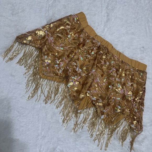 New 1x gold sequin beaded short skirt festival raver outfit rave boho fringe